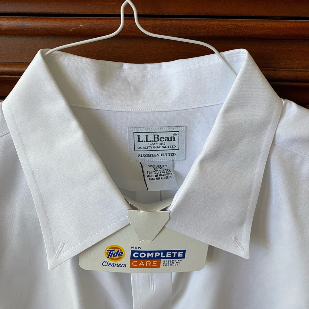 L.L. Bean white cotton, button-down, slightly fitted long sleeve shirt.